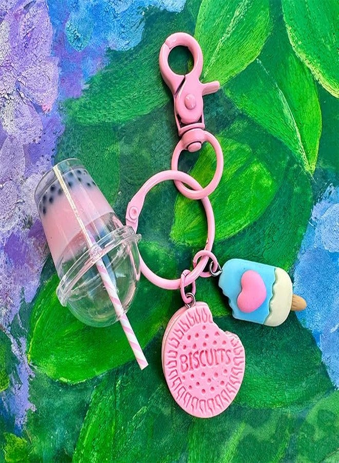 POYAMUSE Kawaii Macaron Color Mini Ice Cream and Boba Keychain Charm, Cute and Whimsical Pendant for Bags, Keys, and Accessories, Colorful Keychain for Women - Pink - Image 2